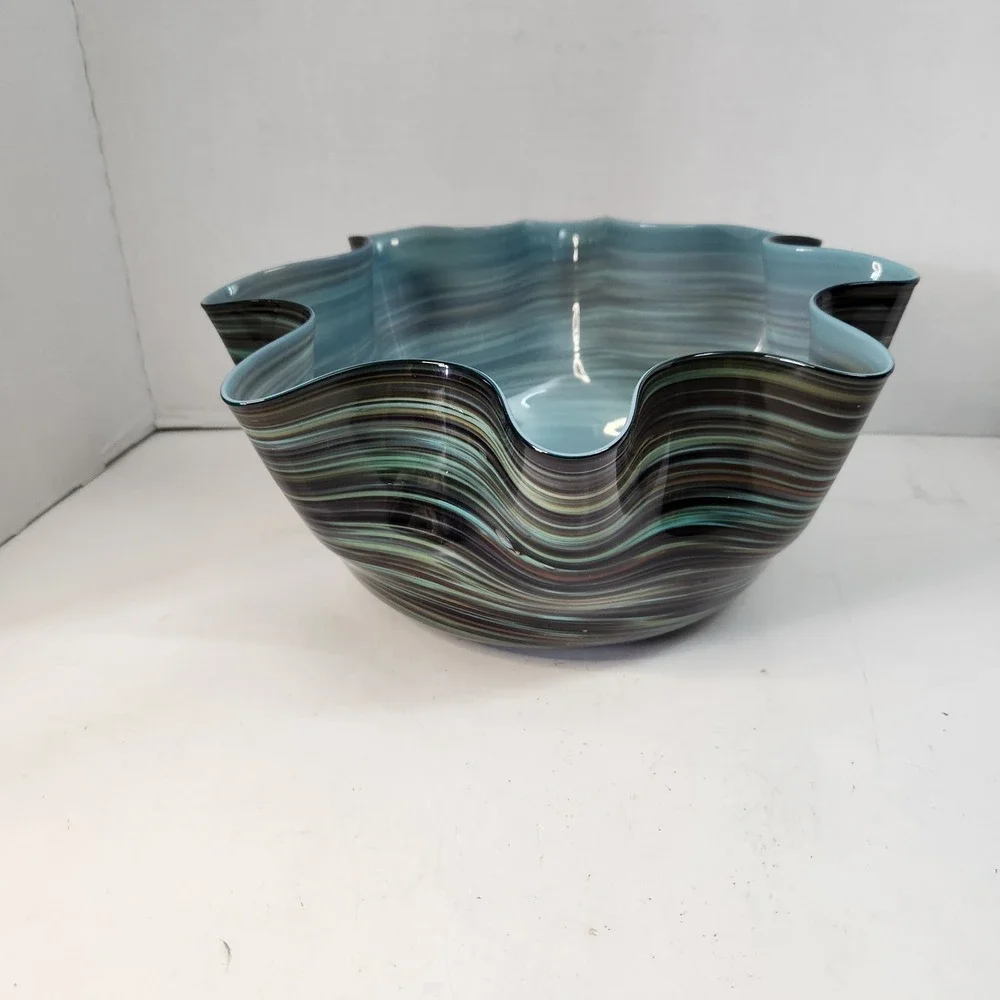 Vintage 3 Pc Murano-Style Art Glass Handkerchief Bowl Set Blue-Green Swirl Read